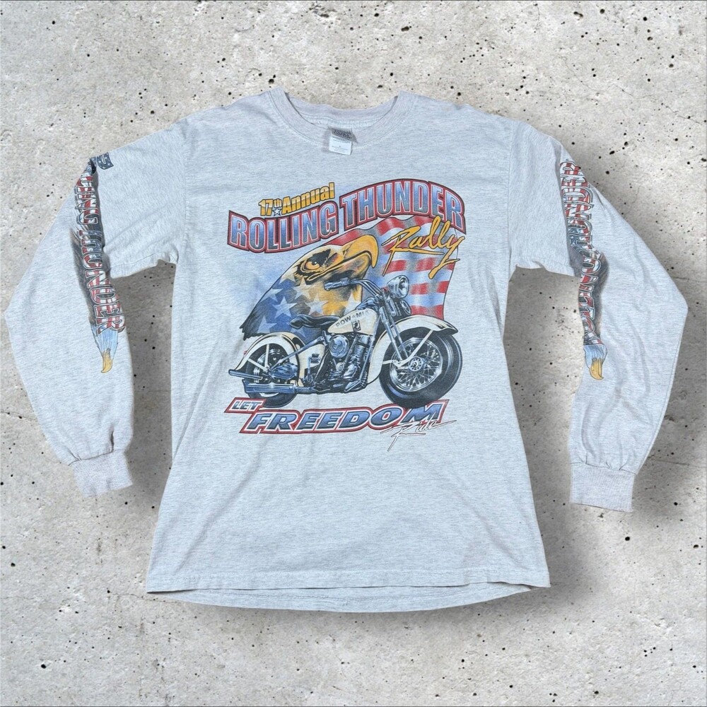 Vtg 2004 Rolling Thunder Rally Long Sleeve Shirt M Gray 17th Biker POW MIA Eagle